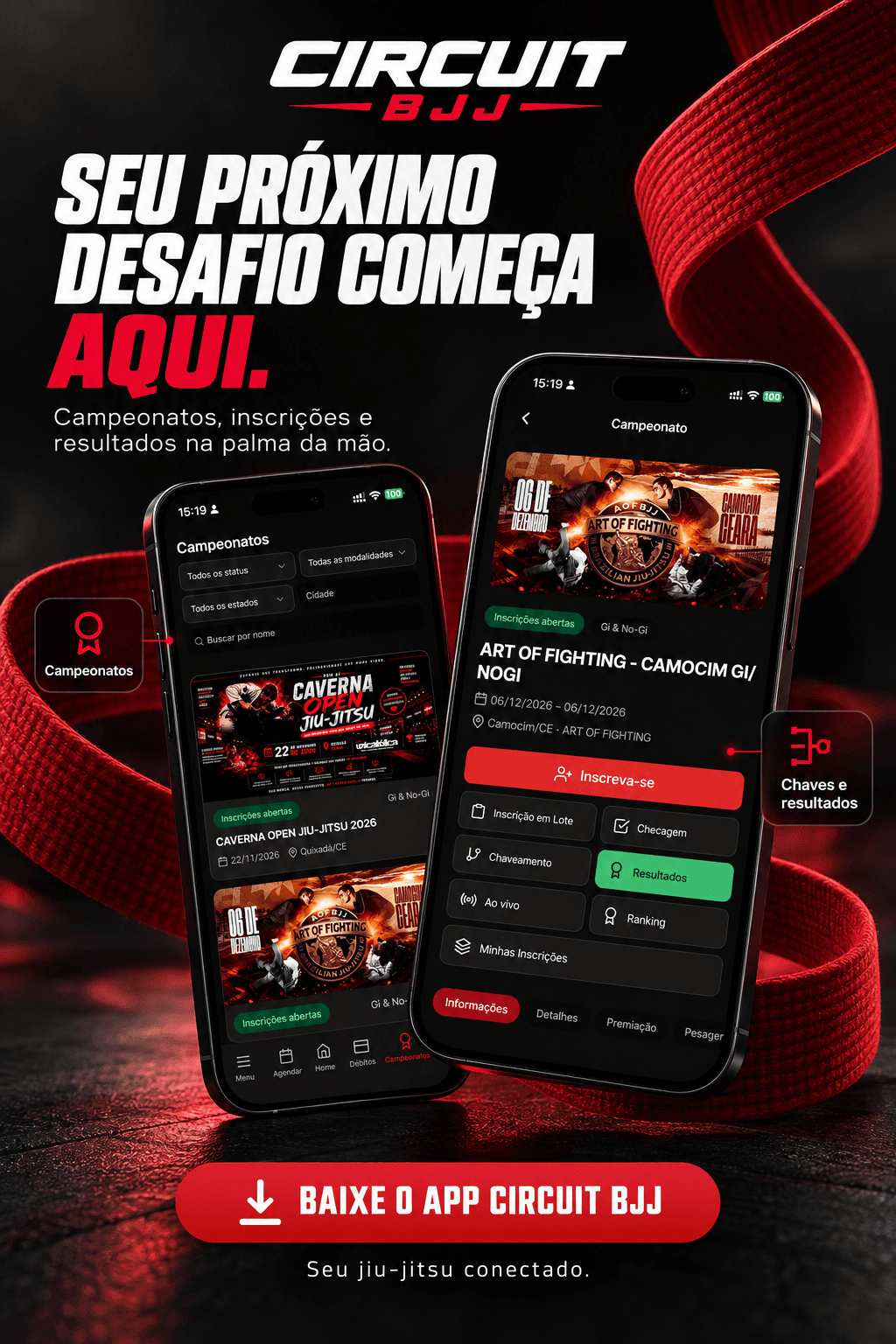 App Circuit BJJ: campeonatos, inscrições, chaveamentos e resultados na palma da mão.